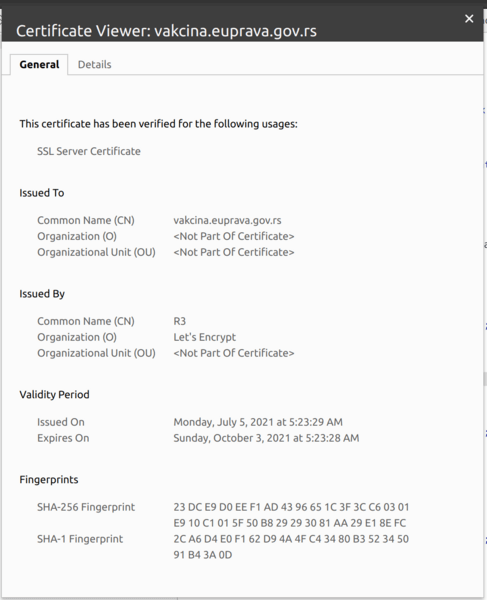 Serbian site SSL for vaccination confirmation